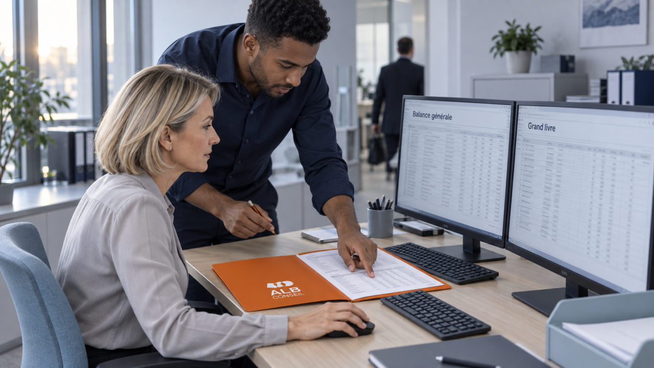 Deux professionnels discutent d'un progiciel de comptabilité en bureau moderne.
