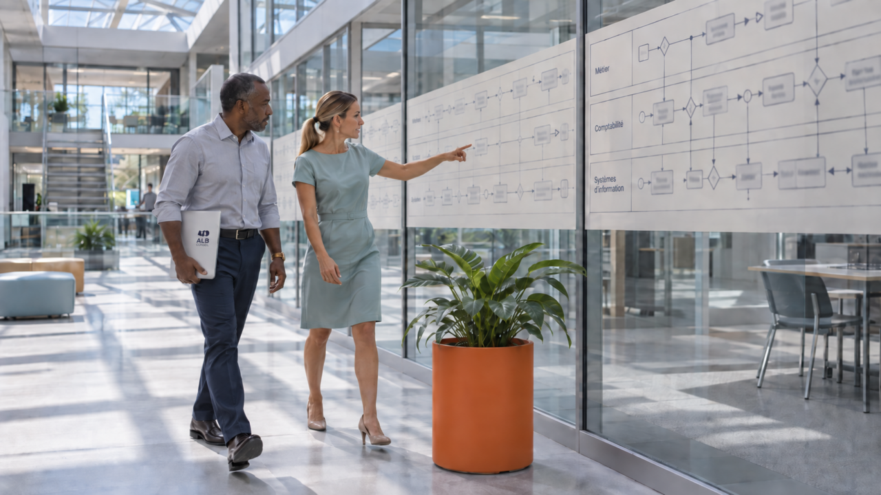 Une responsable de service présente la frise des processus BPMN à un collaborateur.