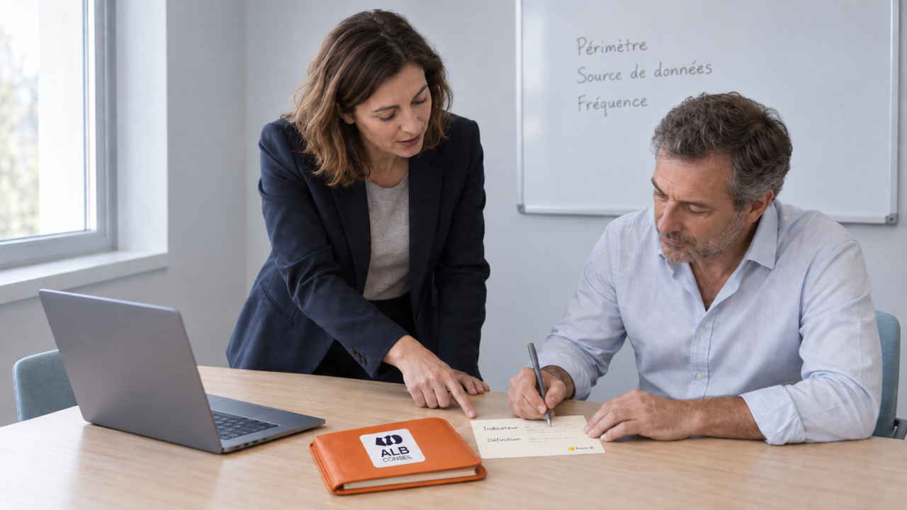 Deux professionnels discutent d'une présentation Power BI en réunion.