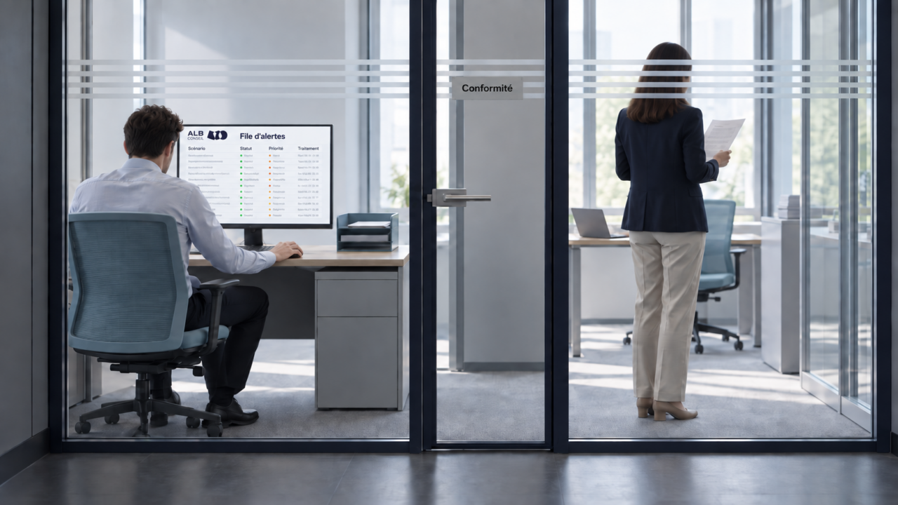Employé du service conformité surveillant les alertes LCB-FT sur ordinateur dans un bureau.
