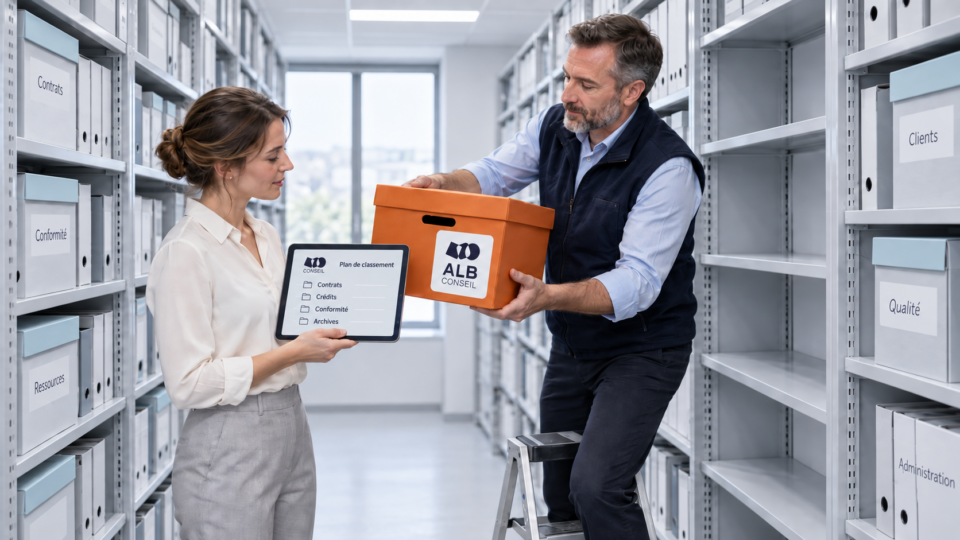 Remise d'un carton d'archive à une responsable gestion électronique des données.