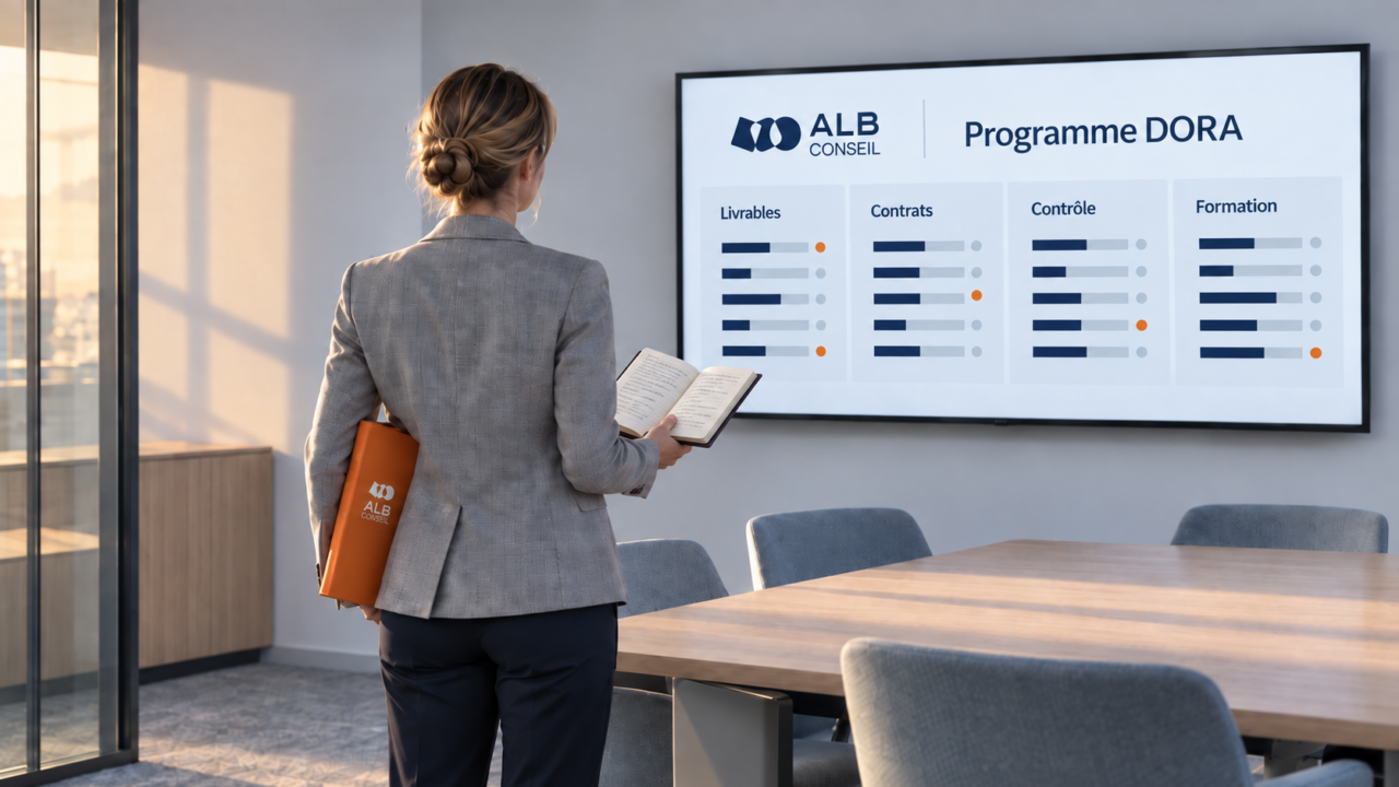 Consultante ALB Conseil analysant l'avancement du programme DORA.