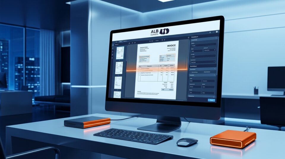 Écran d'ordinateur affichant une plateforme de gestion de documents pour ALB Conseil.