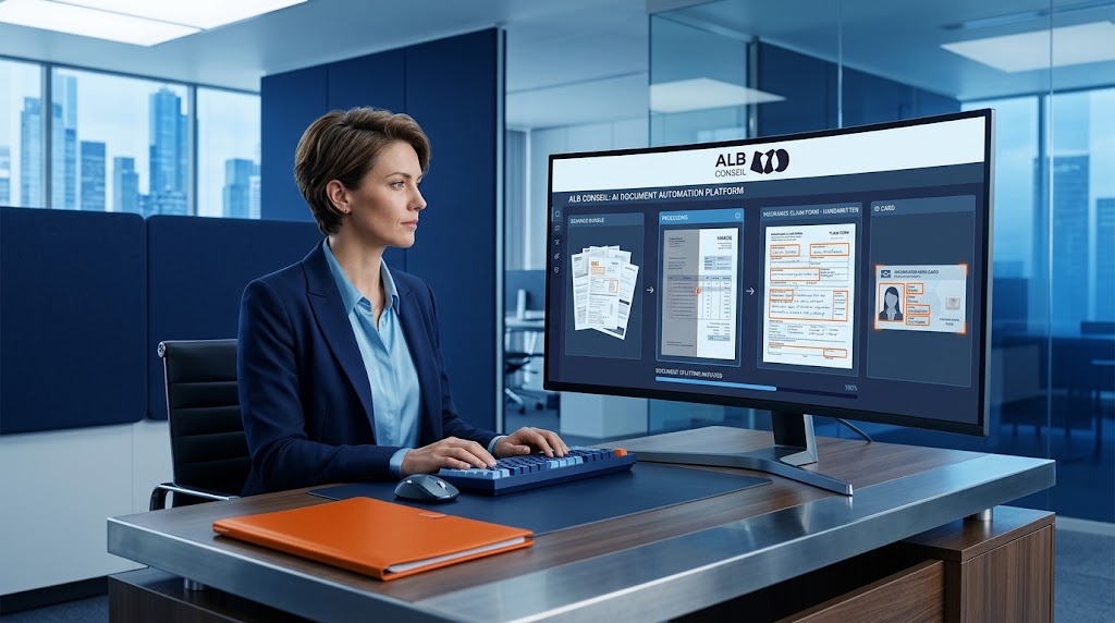Femme utilisant une plateforme d'automatisation d'actes de gestion.