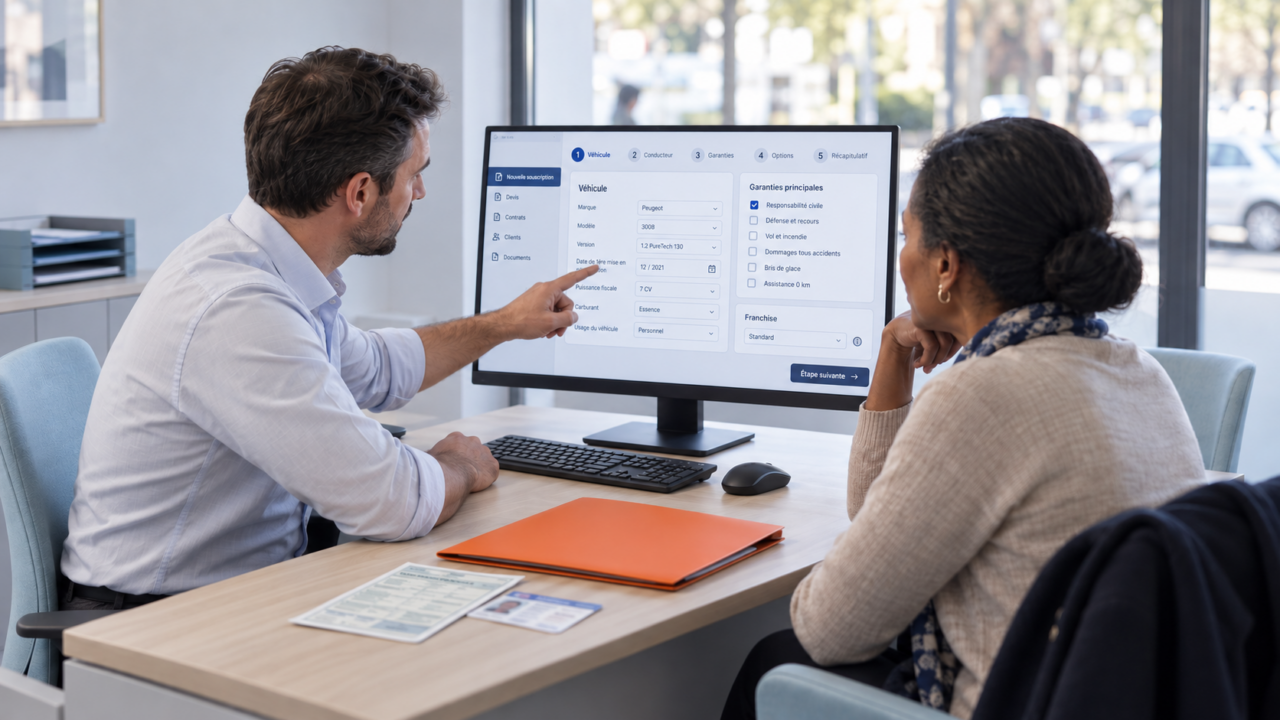 Conseiller en assurance expliquant le parcours de souscription à une cliente.